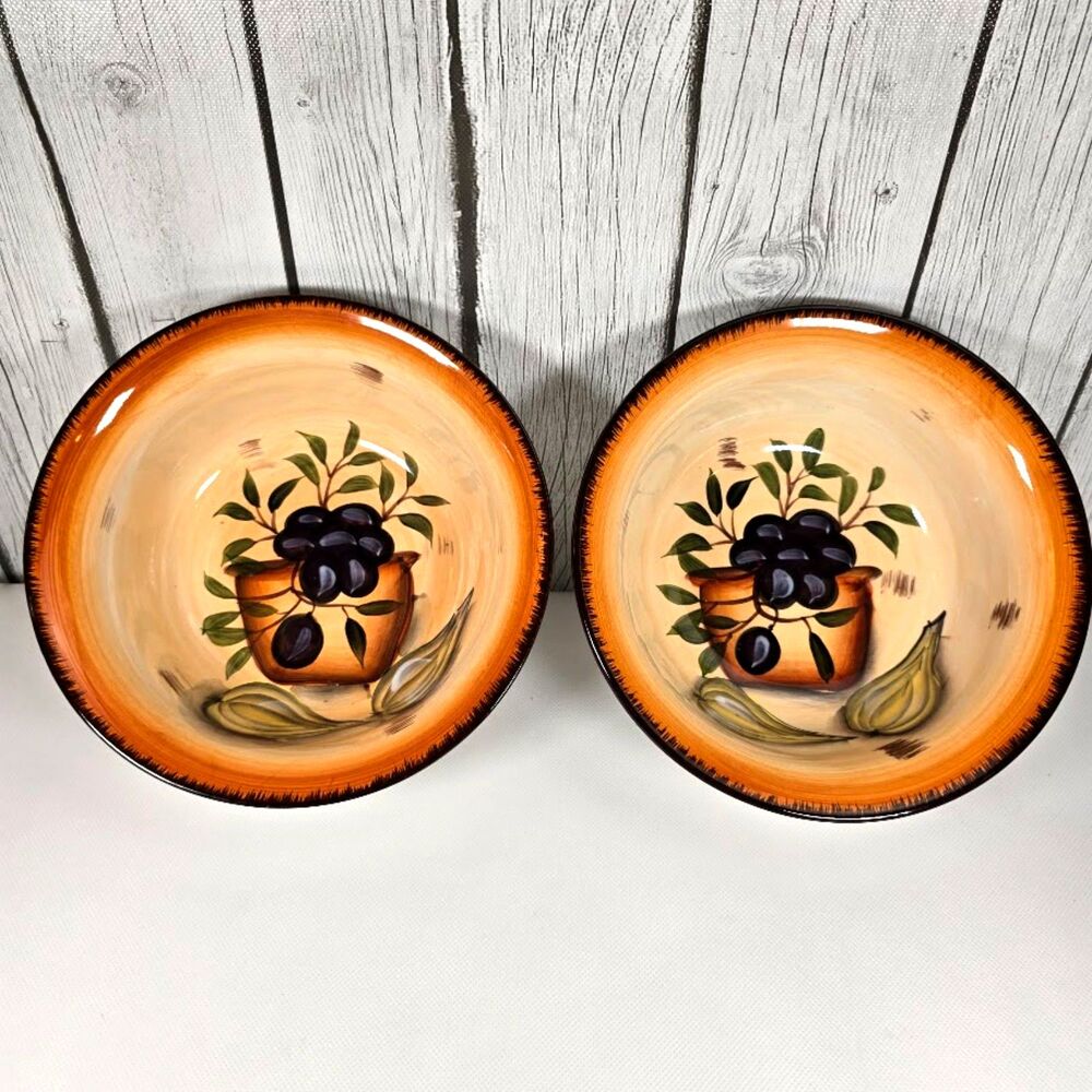 Set of 2 Inspired By Tuscany Bowl Olive and Garlic Motif 8” Mediterranean